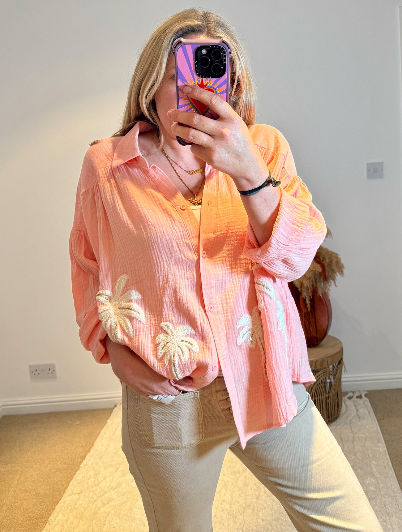 Cotton Cheesecloth Palm Detail Shirt | Soft Peach