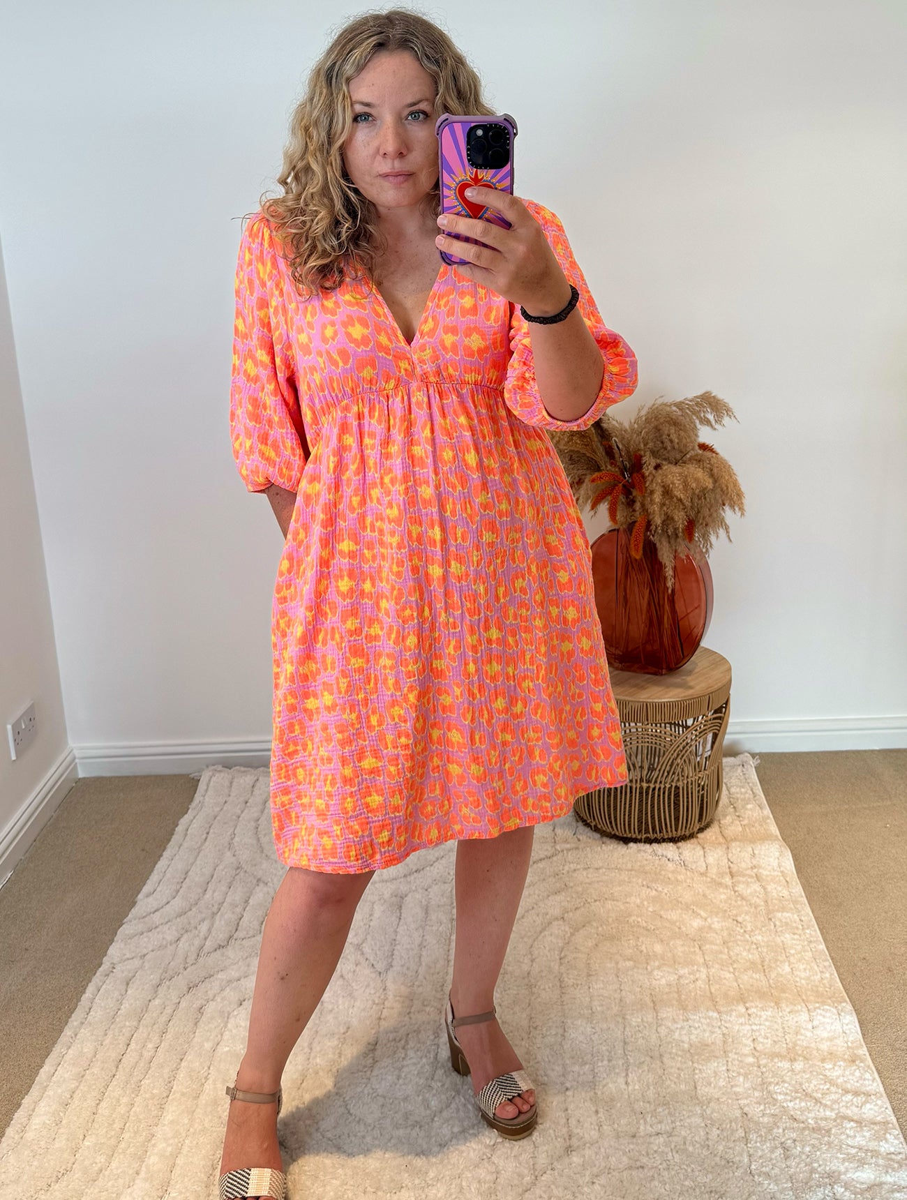 Leopard Cotton Cheesecloth Short Dress | Orange/Yellow/Lilac Multi