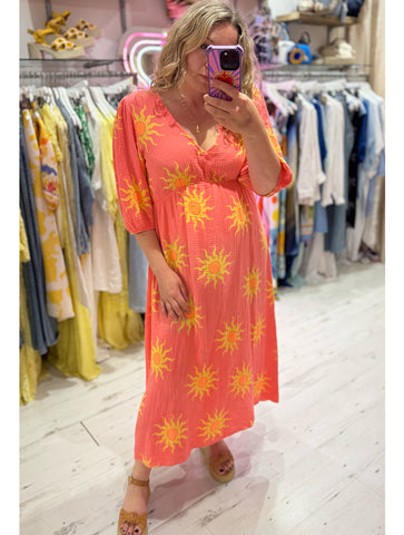 Sun Print Cotton Cheesecloth Midi Dress | Coral/Yellow