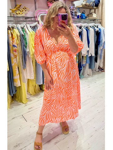 Zebra Print Cotton Cheesecloth Midi Dress | Neon Orange/White