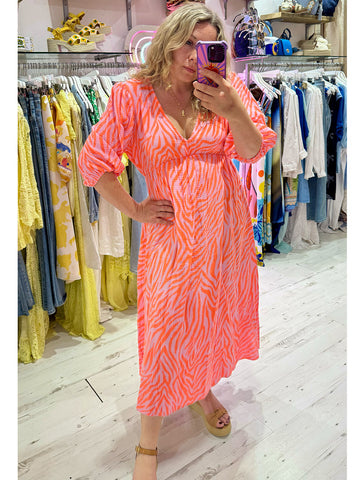 Zebra Print Cotton Cheesecloth Midi Dress | Orange/Lilac