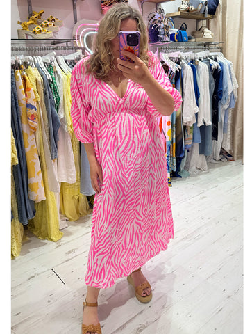 Zebra Print Cotton Cheesecloth Midi Dress | Neon Pink/White