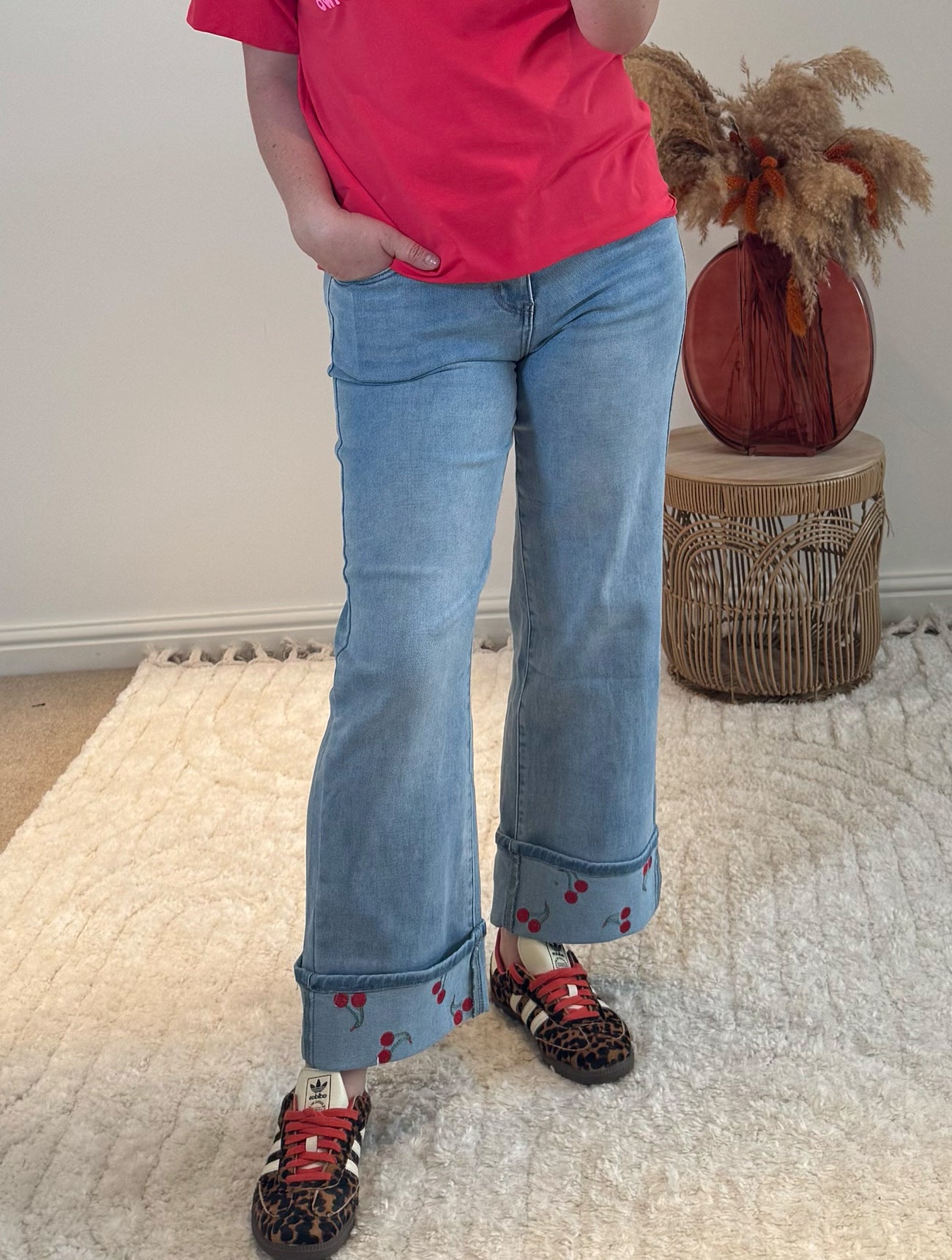 Cherry Detail Cropped Wide Leg Turn Up Jeans | Light Wash Denim