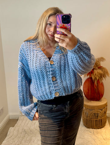 Cropped Chunky Knit Cardigan | Soft Blue