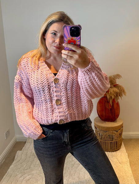 Cropped Chunky Knit Cardigan | Soft Pink