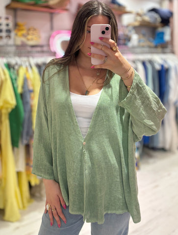 Linen Mix Loose Fit Summer Cardigan | Washed Green