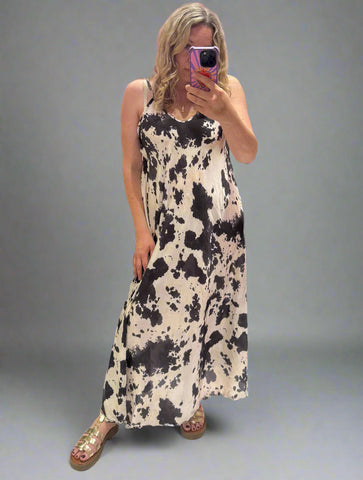 Cow Print Satin Slip Dress | Black/Cream
