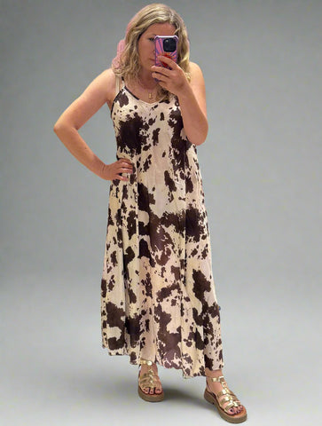 Cow Print Satin Slip Dress | Brown/Cream