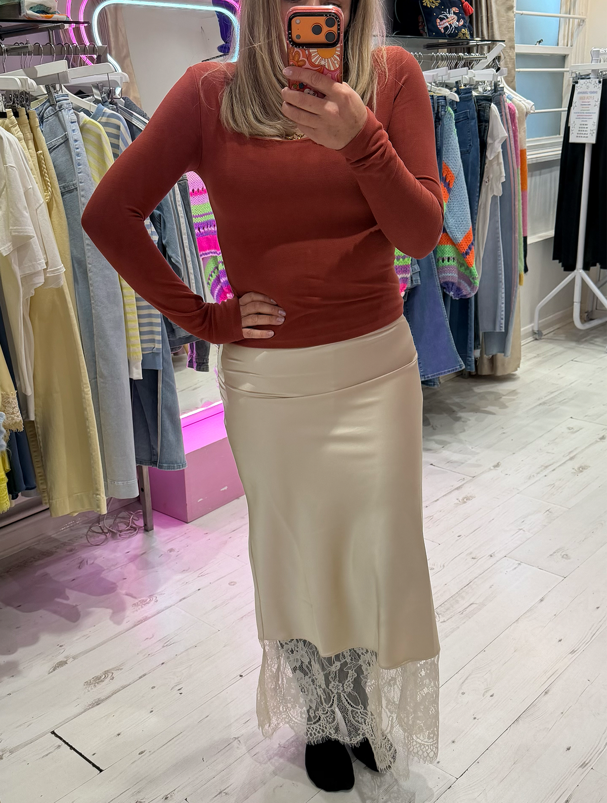 Lace Hem Satin Midi Skirt | Cream