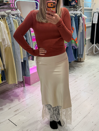 Lace Hem Satin Midi Skirt | Cream