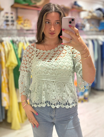 Crochet 3/4 Length Sleeve Swing Top | Mint