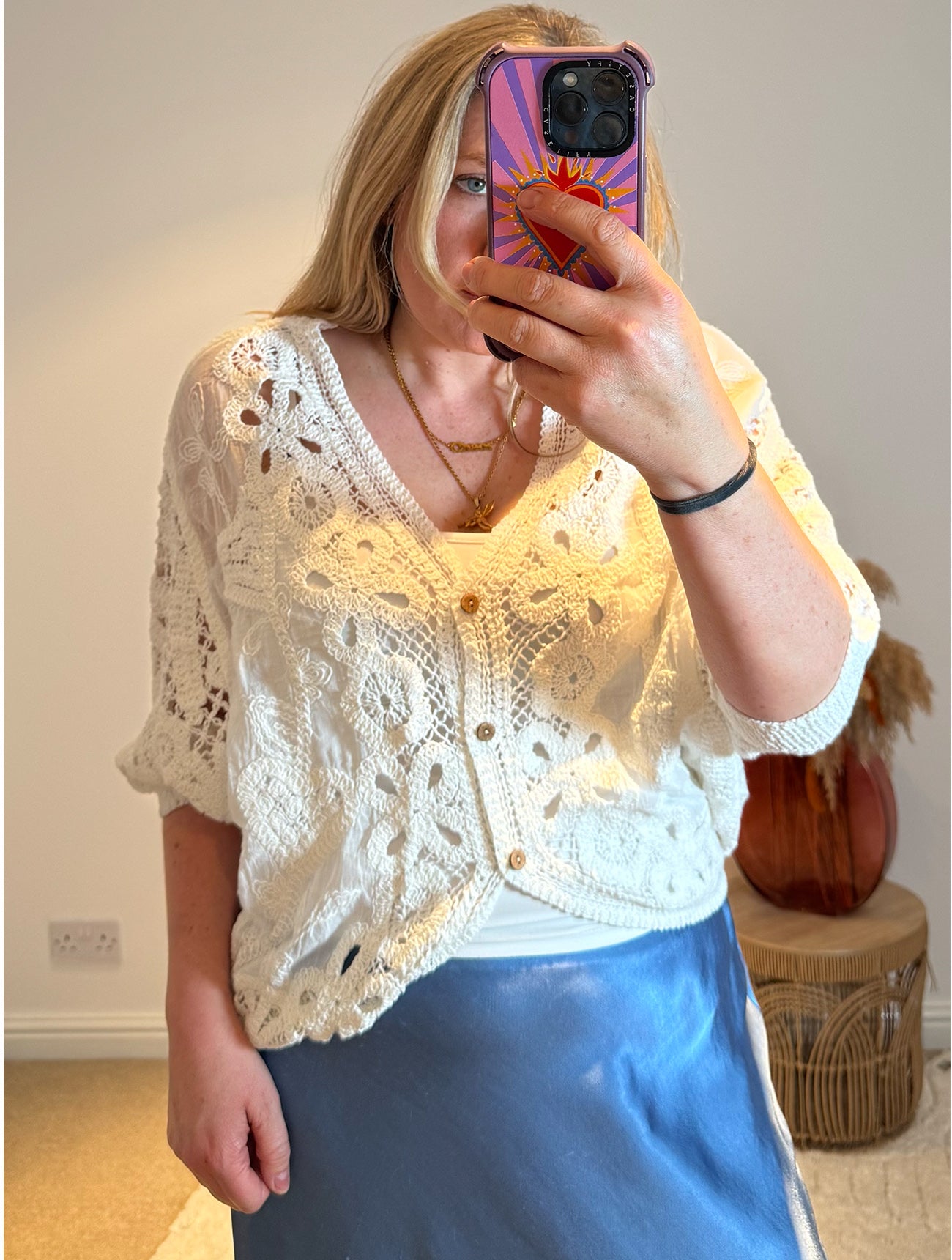 Crochet Batwing Sleeve Cardigan | White