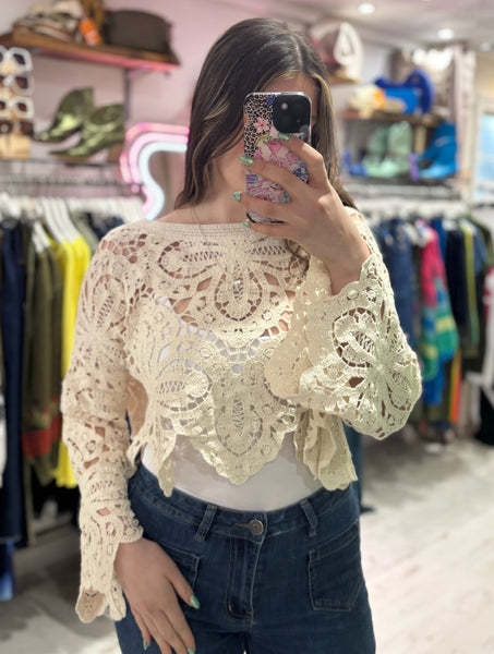 Crochet Long Sleeved Cropped Top | Cream