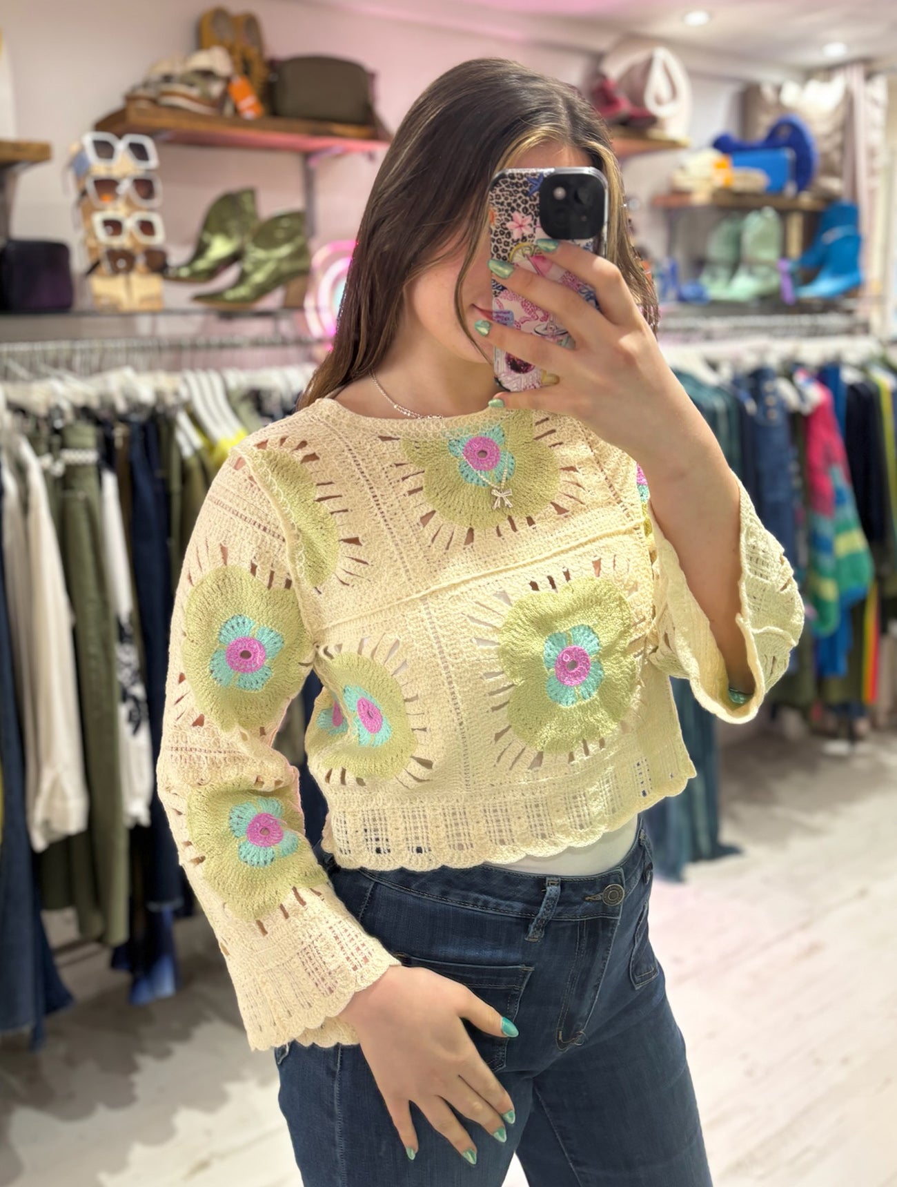 Flower Crochet Cropped Jumper | Mint Multi