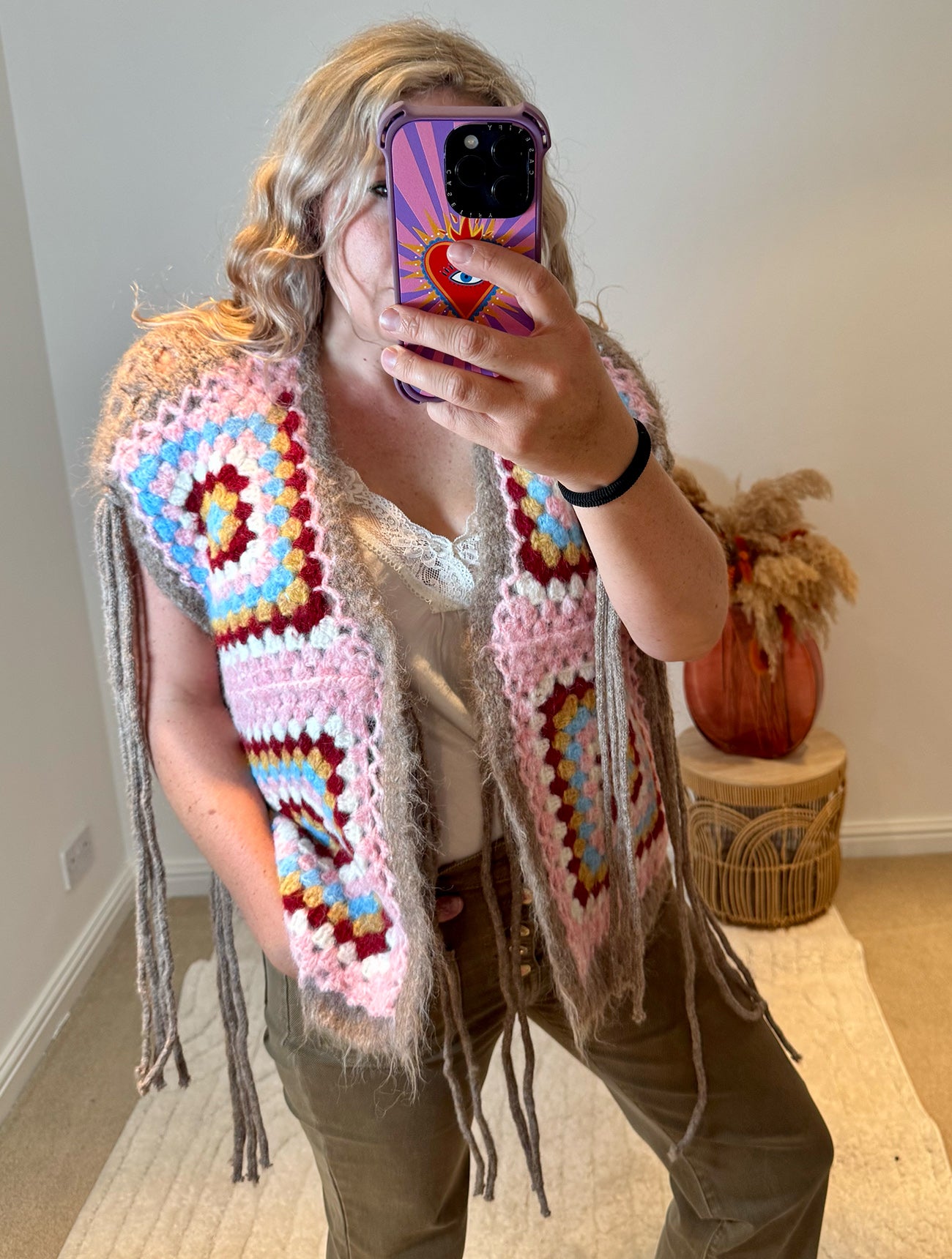Wool Mix Boho Crochet Waistcoat with Tassels | Taupe Multi