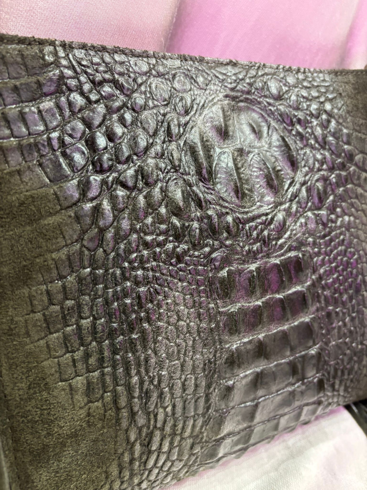 Croc Detail Genuine Suede and Leather Fringed Bag | Olive Green