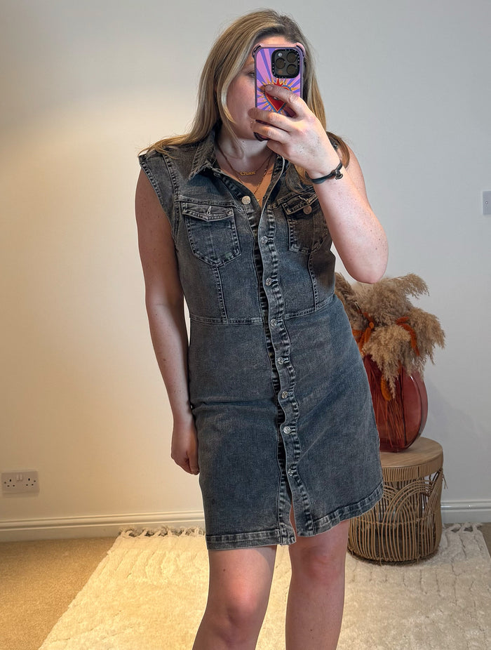 Denim Short Shirt Dress | Grey Wash
