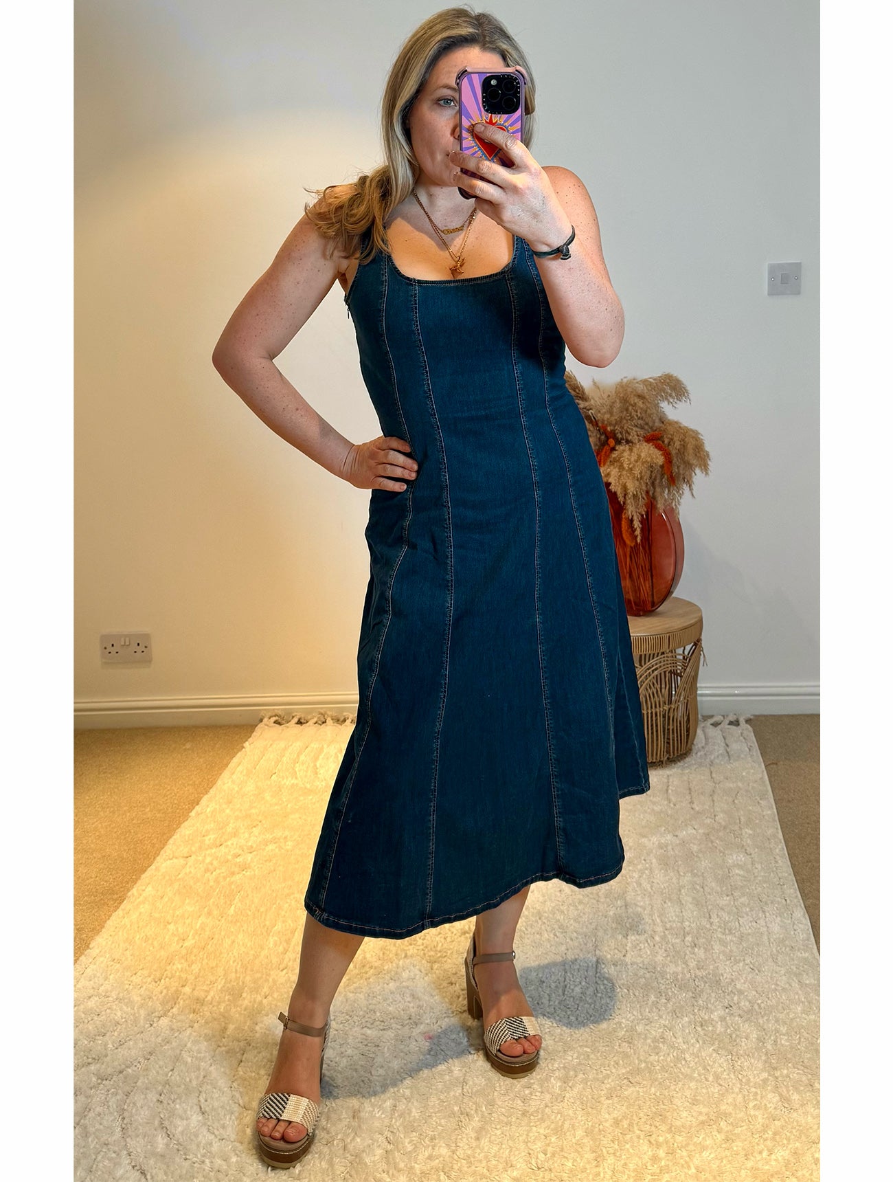 Square Neck Stretch Denim Midi Dress | Dark Wash