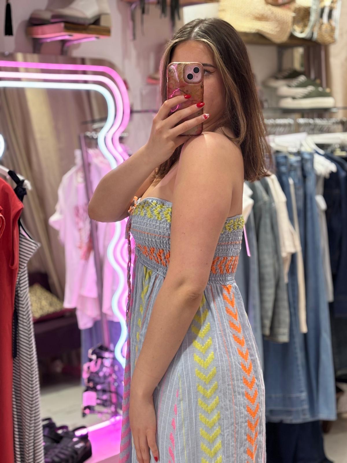 Geometric Print Boho Bandeau Dress | Blue Multi