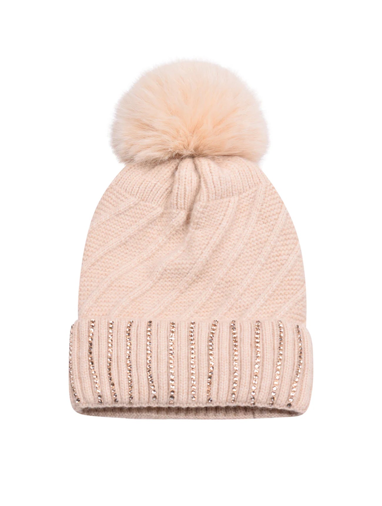 Diamante Cuff Knitted Bobble Hat | Blush Beige