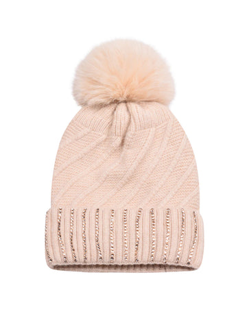 Diamante Cuff Knitted Bobble Hat | Blush Beige