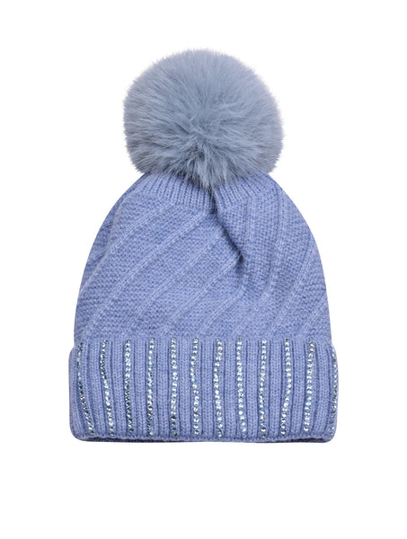 Diamante Cuff Knitted Bobble Hat | Soft Blue