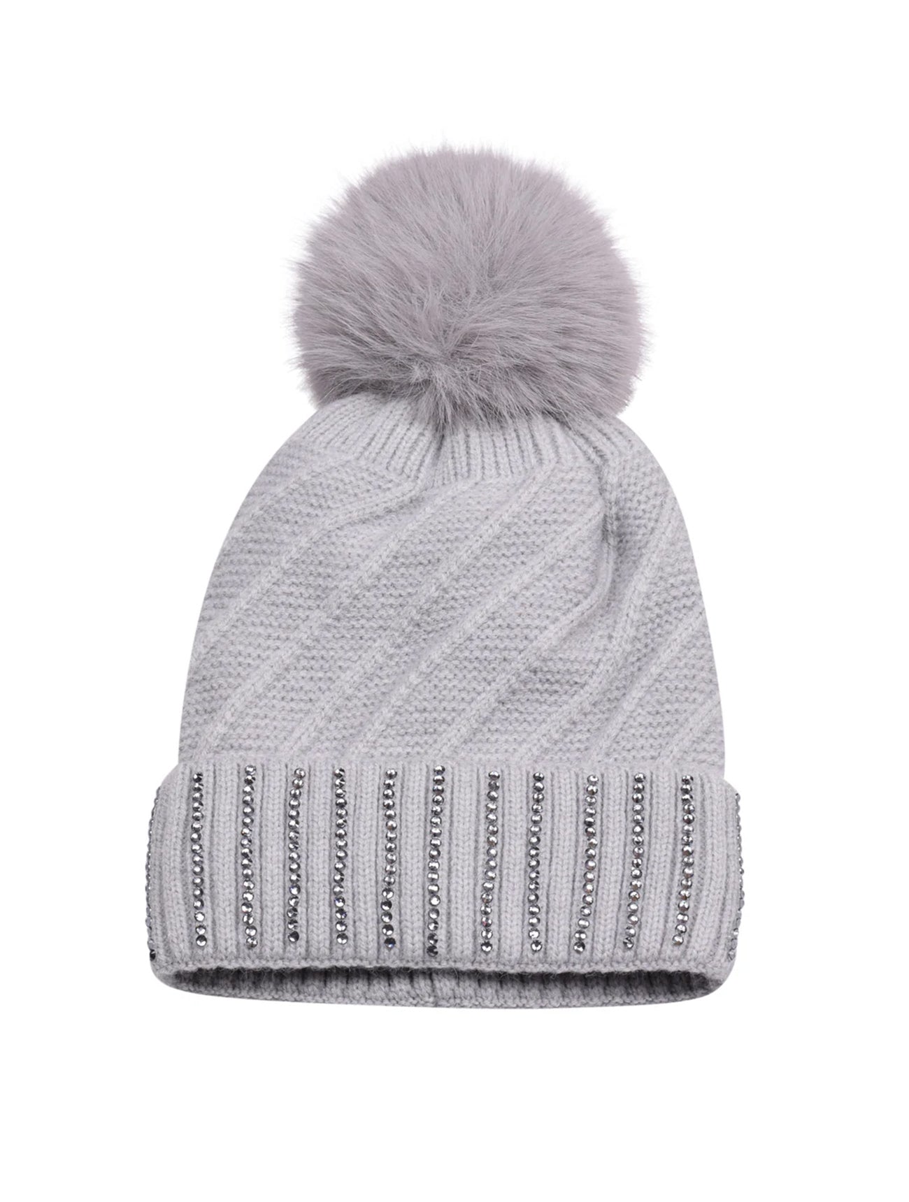 Diamante Cuff Knitted Bobble Hat | Light Grey
