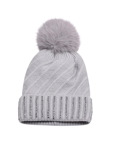 Diamante Cuff Knitted Bobble Hat | Light Grey
