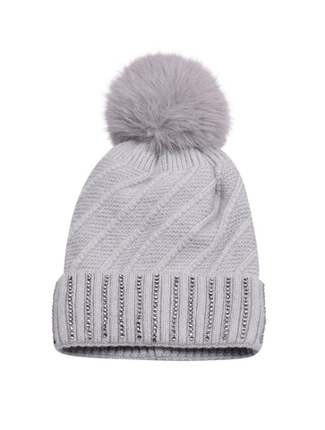 Diamante Cuff Knitted Bobble Hat | Light Grey
