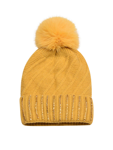 Diamante Cuff Knitted Bobble Hat | Mustard Yellow