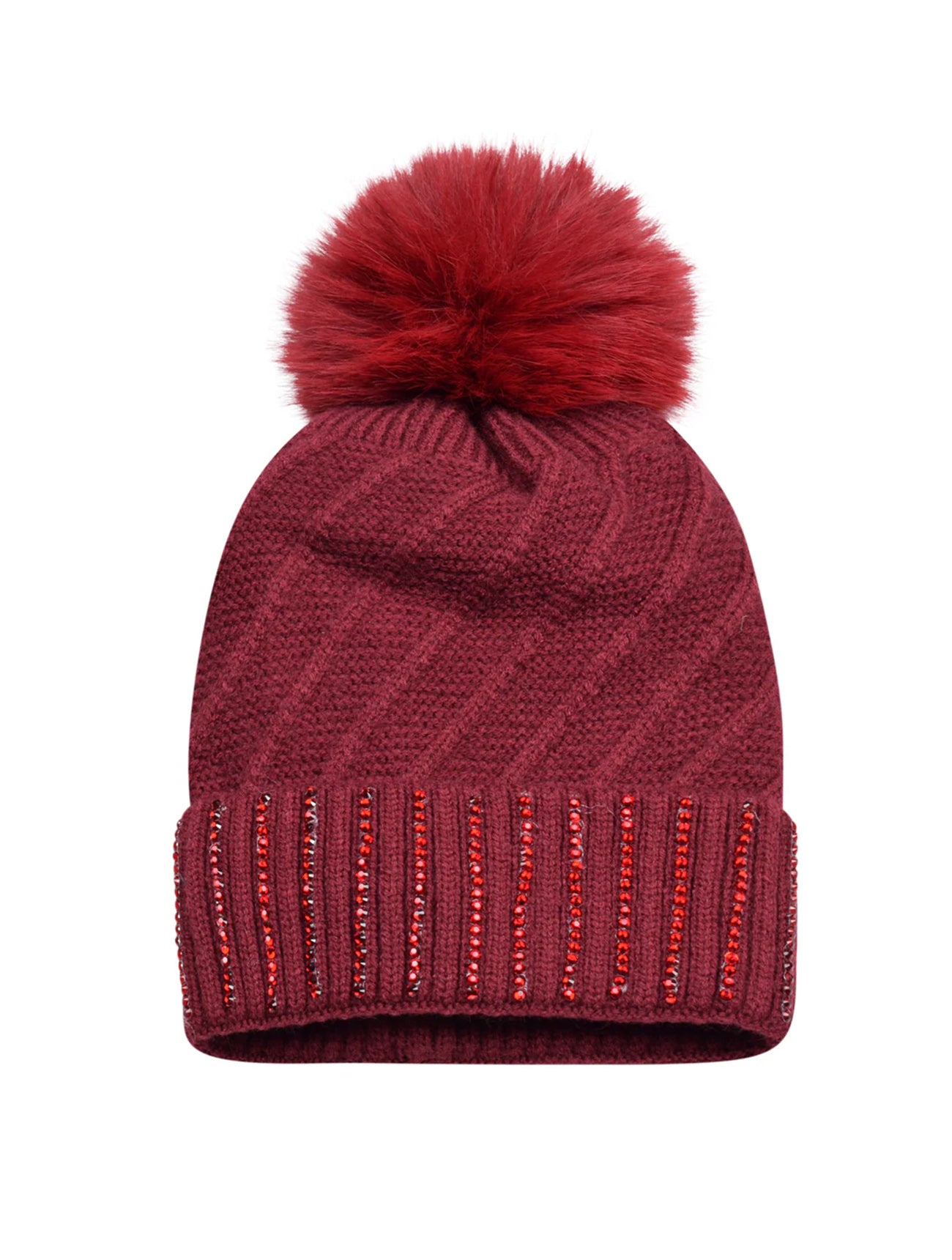 Diamante Cuff Knitted Bobble Hat | Wine Red