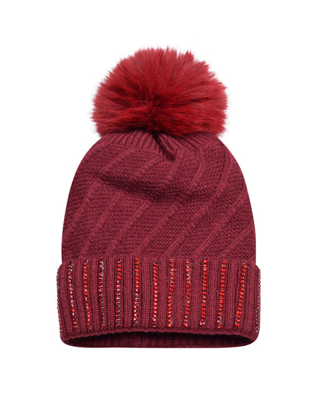 Diamante Cuff Knitted Bobble Hat | Wine Red