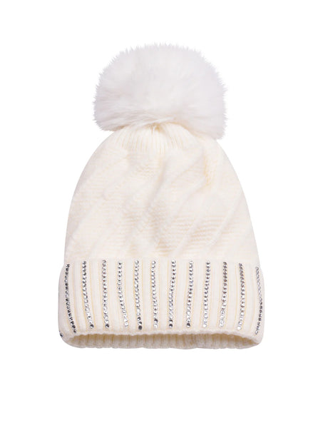 Diamante Cuff Knitted Bobble Hat | White