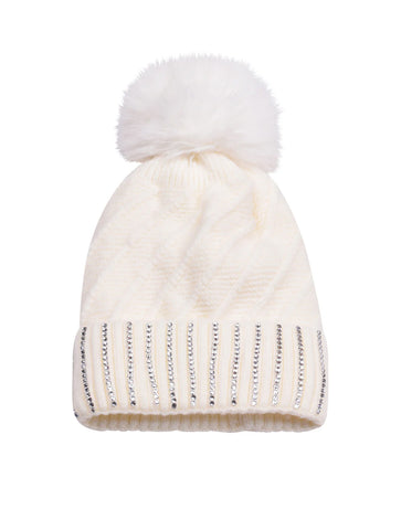 Diamante Cuff Knitted Bobble Hat | White