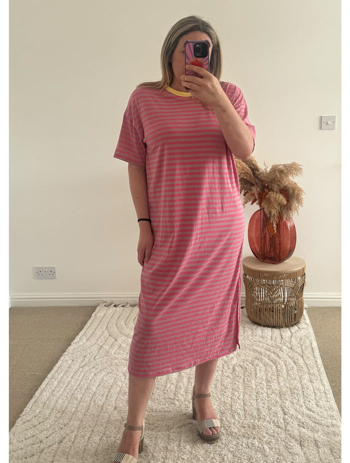 Seaside Stripe Midi T-Shirt Dress | Dusky Pink