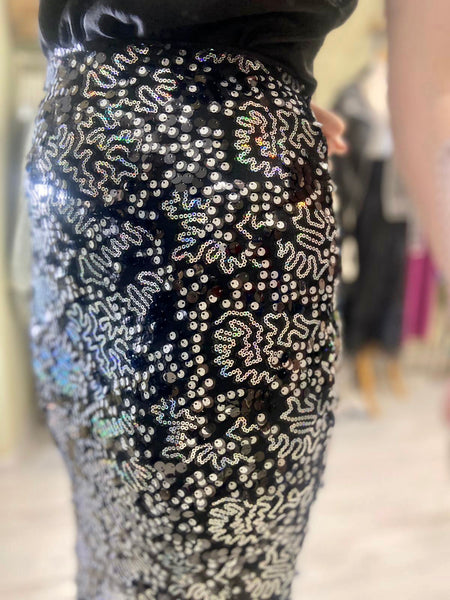 Sofia Sequin Stretch Pencil Skirt | Black/Silver