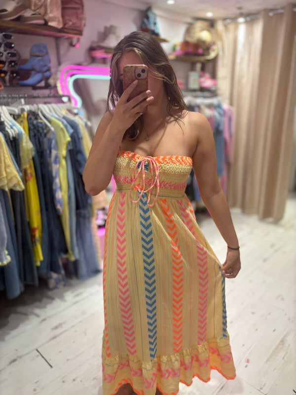 Geometric Print Boho Bandeau Dress | Yellow Multi