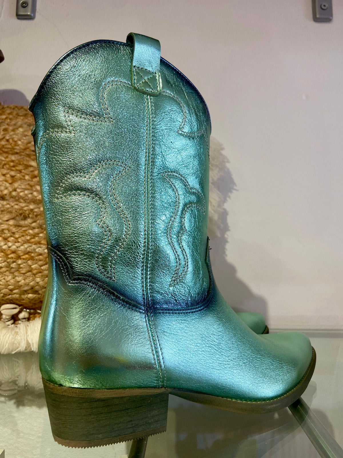 Felmini | Long Metallic Leather Cowboy Boot | Aqua