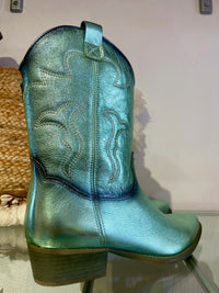 Felmini | Long Metallic Leather Cowboy Boot | Aqua