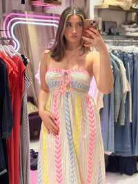 Geometric Print Boho Bandeau Dress | White Multi