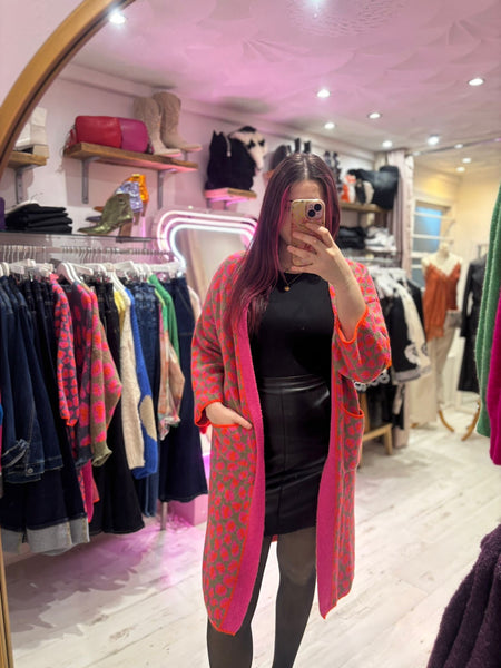 Bright Leopard Print Long Cardigan | Khaki Multi