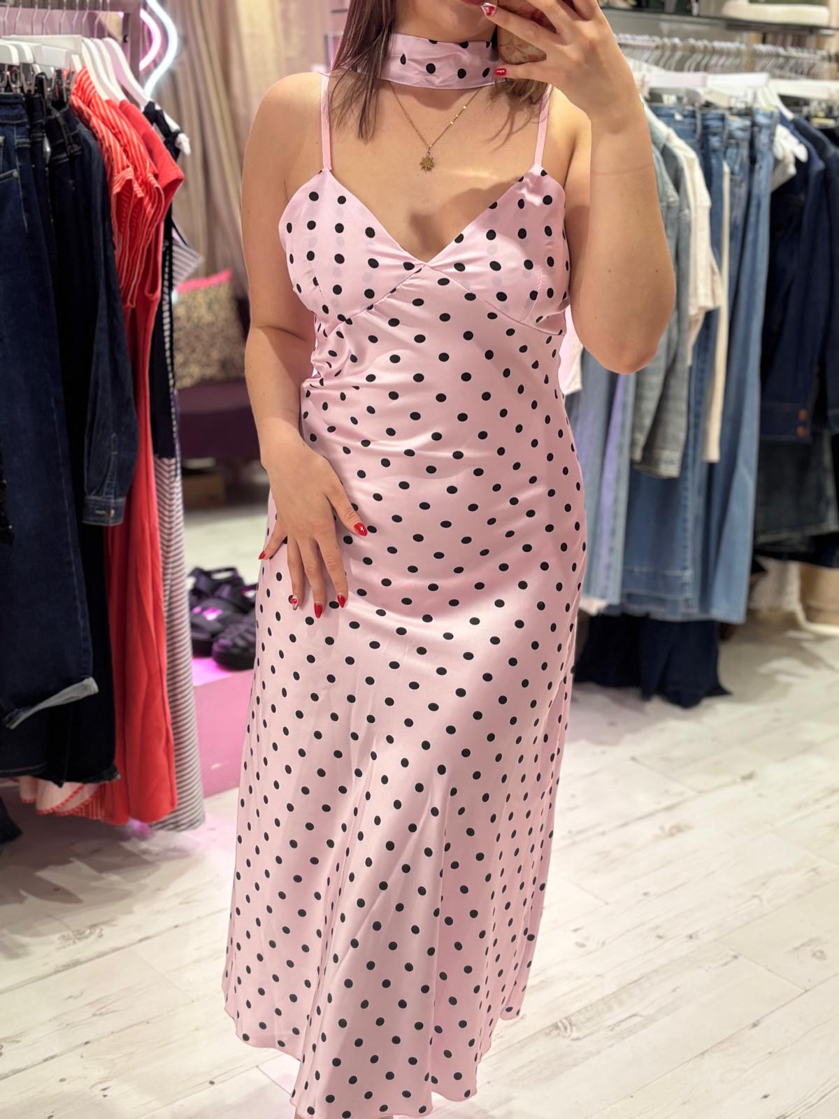 Polka Dot Silky Midi Dress | Pale Pink