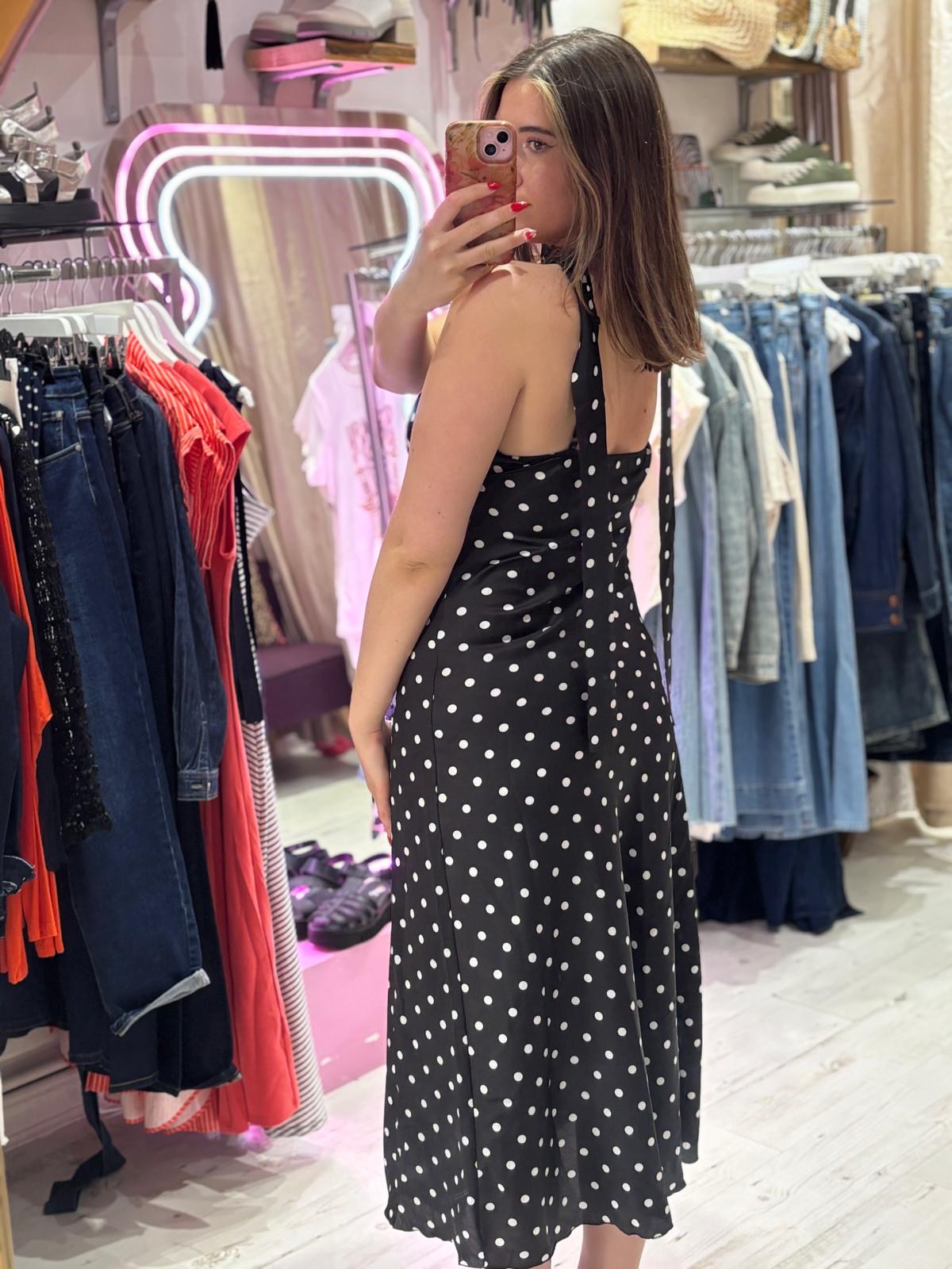 Polka Dot Silky Midi Dress | Black and White