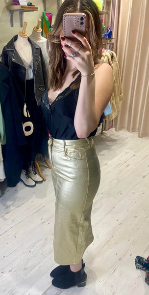 Metallic Stretch Denim Midaxi Skirt (Longer Length) | Gold