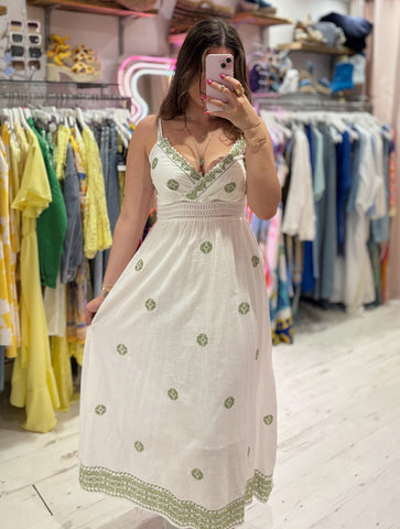 Embroidered Detail Maxi Dress | White/Khaki