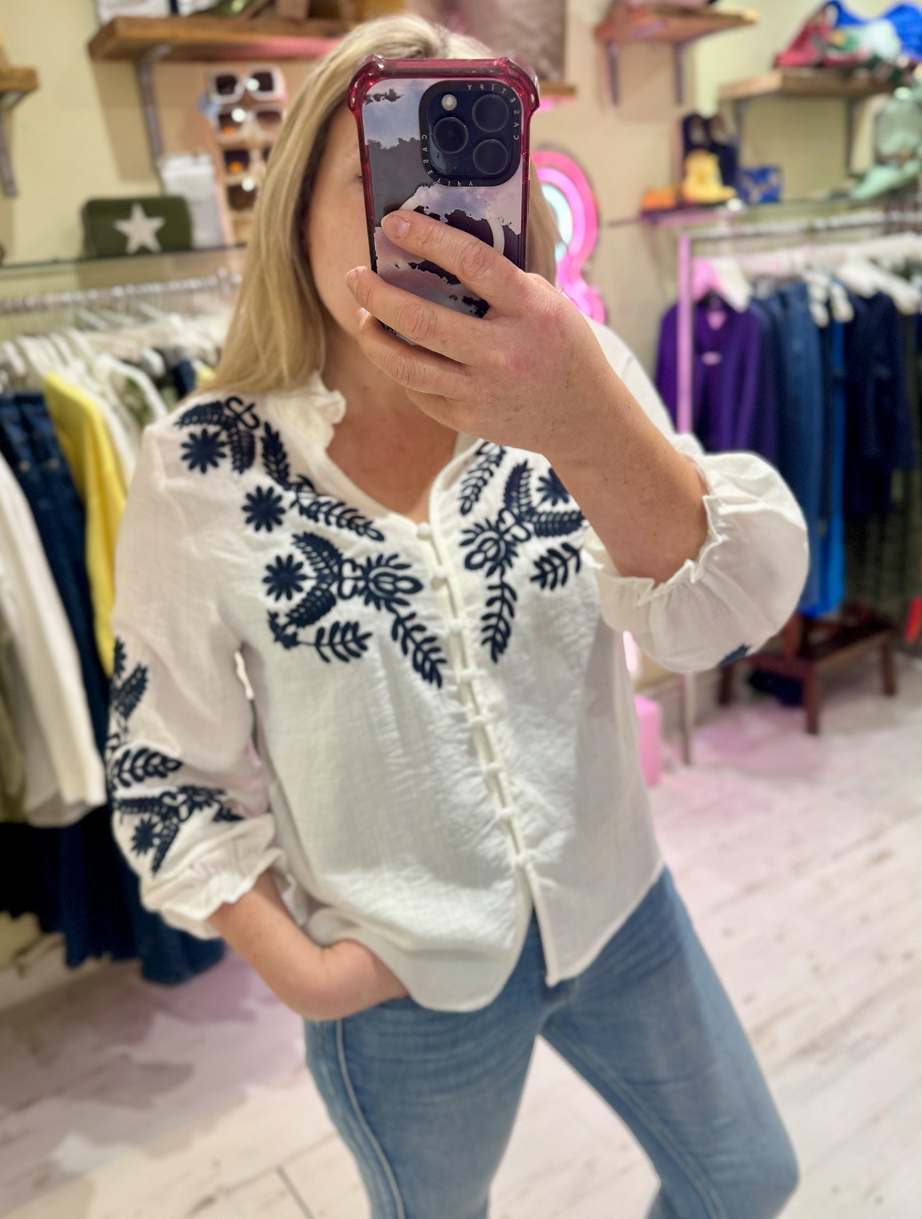 Embroidered Detail Ruffle Neck Boho Shirt | White/Navy