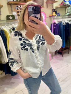 Embroidered Detail Ruffle Neck Boho Shirt | White/Navy