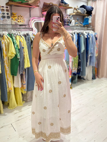 Embroidered Detail Maxi Dress | White/Camel