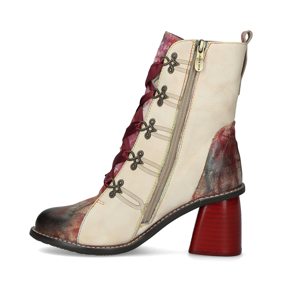 Laura Vita | Evcao 01E Heeled Lace Up Boot | Cream/Red