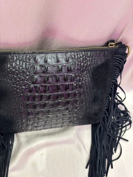 Leather Croc Detail Suede Tassel Crossbody Bag | Black